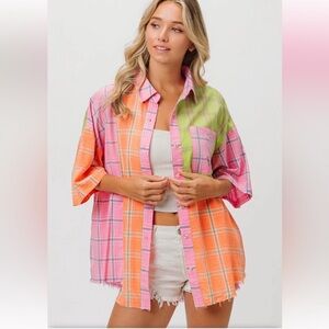 New BiBi Summer Plaid Collared Neck Half Sleeve Beachy Button Down Shirt